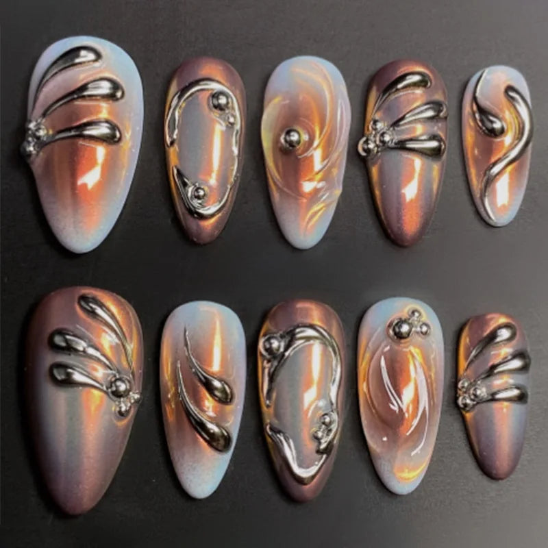 24pcs Sweet & Edgy Metallic Fake Nails 3D Silver-Plated Heart Gradient Press on Nail Almond Full Coverage Nail for Women&Girl