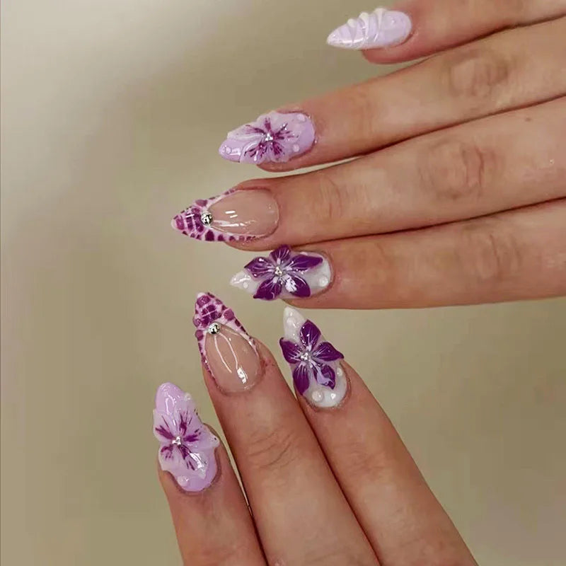 3D fake nails for women girls Gradient brown blue embossed flowers with rhinestones fall winter almond tips press on false nail