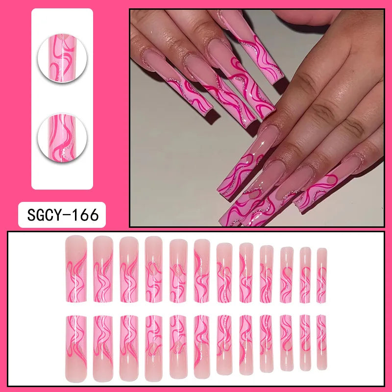 24 Pieces of Ultra Long Coffin Shaped press on nails French&gradient&flower Pattern 3D Butterfly Dot Diamond Glossy Fake Nails