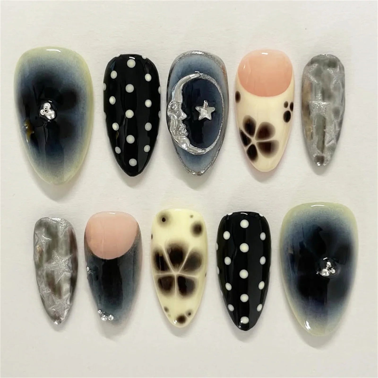 24pcs Star Moon Style Fake Nails White Swan Bowknots Flower Pattern Printed Press On Nails Gradient Black Almond Y2k False Nail