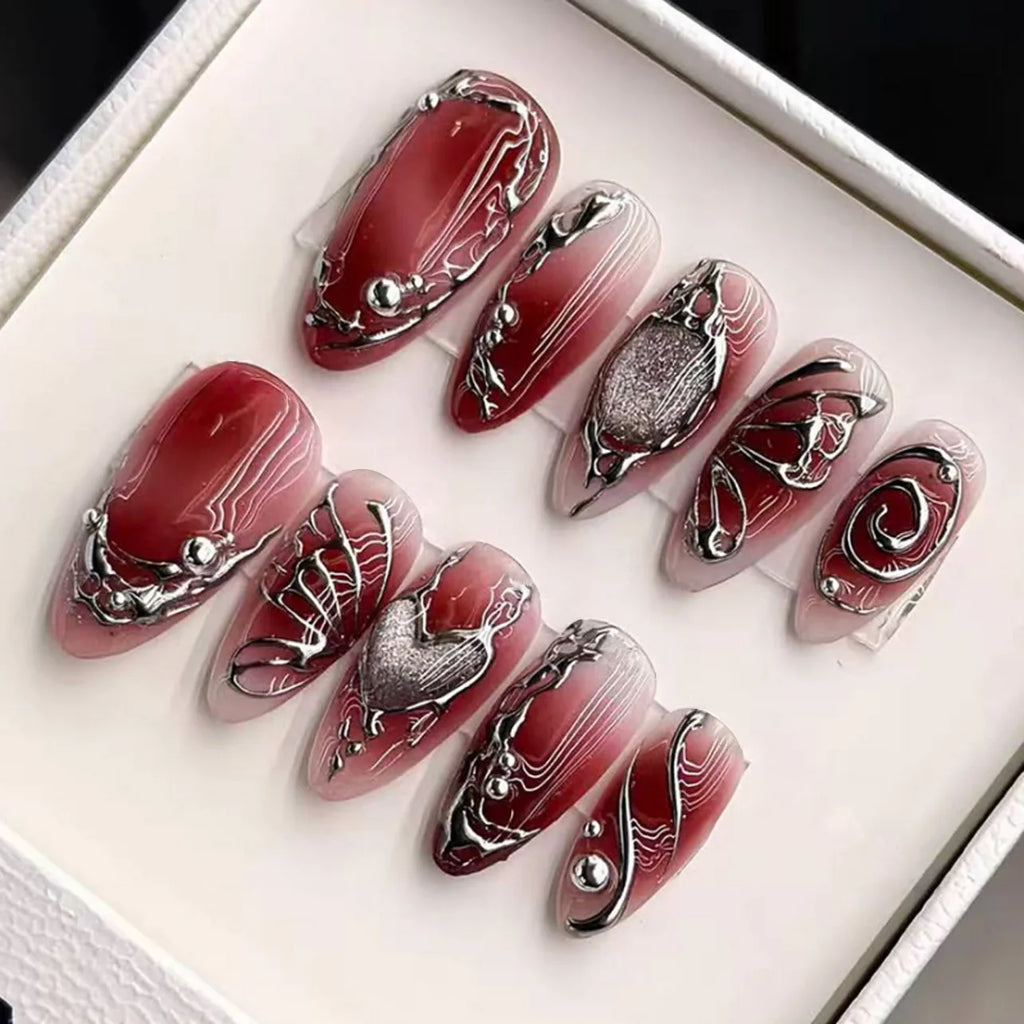 24pcs Sweet & Edgy Metallic Fake Nails 3D Silver-Plated Heart Gradient Press on Nail Almond Full Coverage Nail for Women&Girl