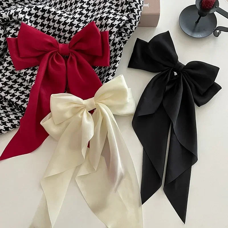 Solid Color Satin Ribbon Big Bows Hairpin Spring Clips Hair Accessories for Women Girls Trendy Korean Summer Headwear 2024