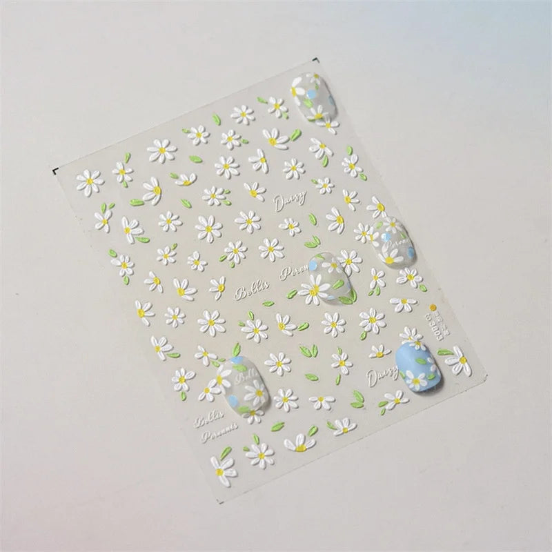 1Sheet 5D Soft Embossed Relief Nail Stickers Cute Daisies Self Adhesive Slider Stickers Press On Nails DIY Japanese Nail Art Dec