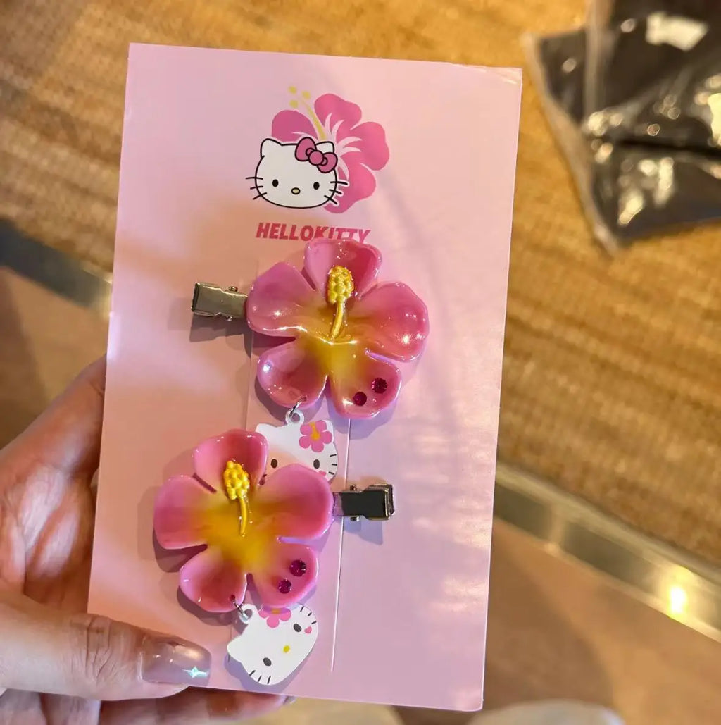 Kawaii Sanrio Hello Kitty Flower Hair Clips Set Pink Hibiscus Hair Pins Sweet Summer Hair Accessories for Women Girls