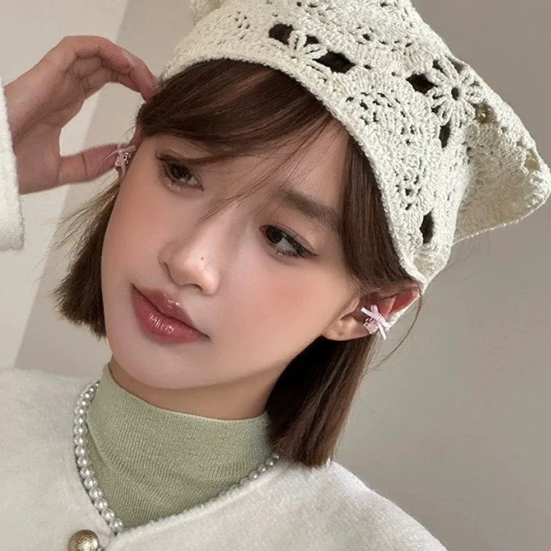 Fashion Knitted Headscarf Hat French Pastoral Style Triangle Headband Handmade Crochet Headband Towel Retro Flower Headscarf