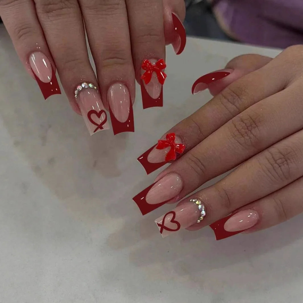 White French Press on Nails 3D Bowknot Fake Nails Tips Full Cover Wearable False Nails for Women and Girls DIY Manicure 24Pcs