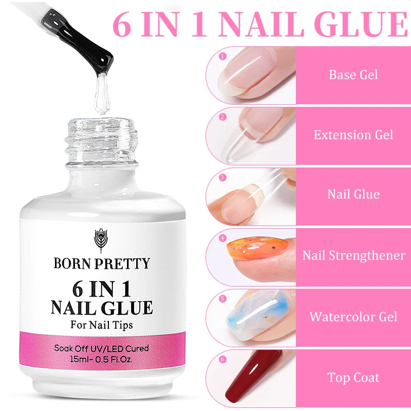 BORN PRETTY Gel adhesivo para uñas 6 en 1 de 15 ml para uñas acrílicas, capa base removible, capa superior, gel de extensión UV para uñas, gel para puntas de uñas postizas
