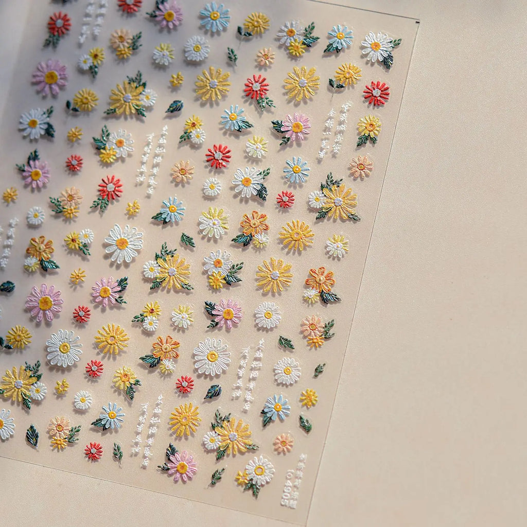 1Sheet 5D Soft Embossed Relief Nail Stickers Cute Daisies Self Adhesive Slider Stickers Press On Nails DIY Japanese Nail Art Dec
