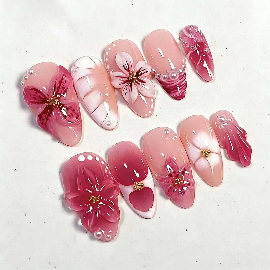 24PCS Pink Almond Press on Nails Full Cover Carved Flower 3D Ripples French Fake Nails for Women with Golden Pearl Wearable Nail