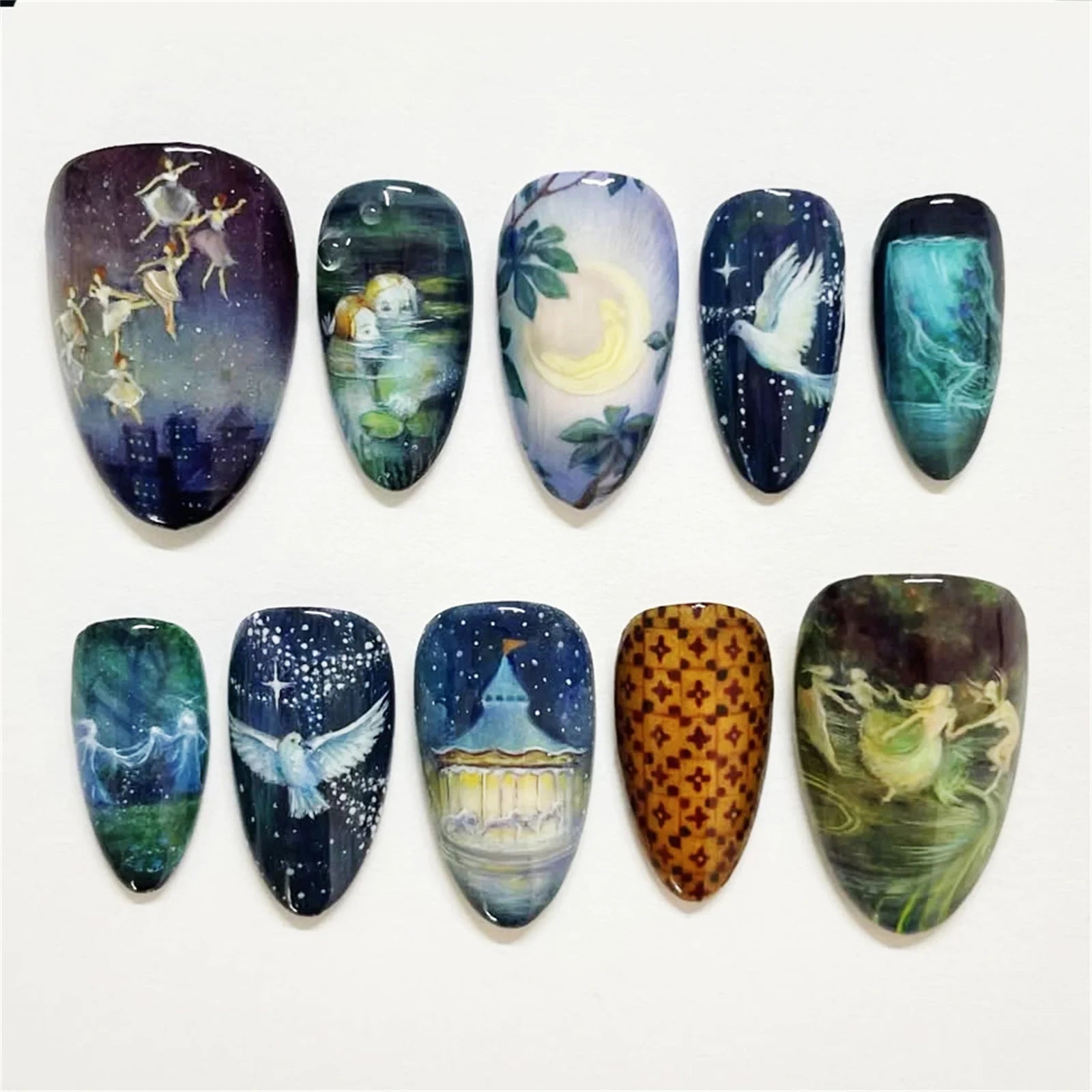 24pcs Star Moon Style Fake Nails White Swan Bowknots Flower Pattern Printed Press On Nails Gradient Black Almond Y2k False Nail