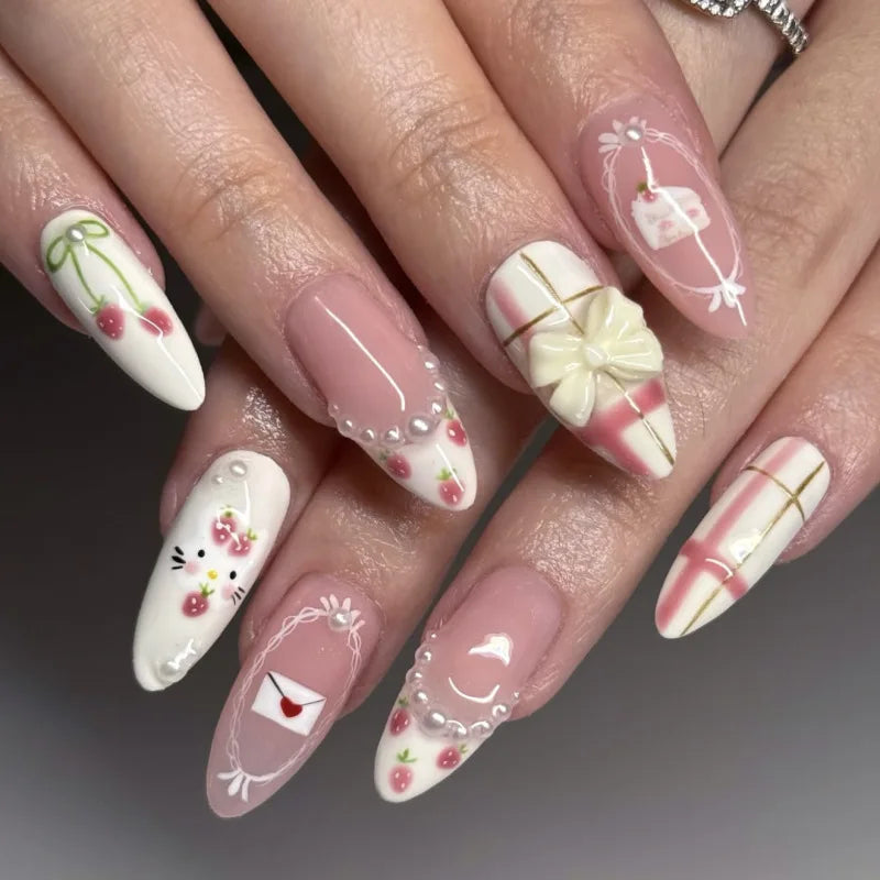 24pcs Sweet & Edgy Metallic Fake Nails 3D Silver-Plated Heart Gradient Press on Nail Almond Full Coverage Nail for Women&Girl