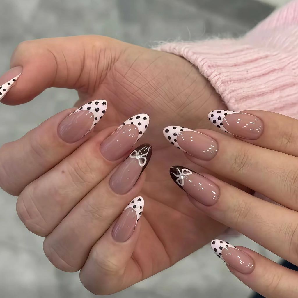 White French Press on Nails 3D Bowknot Fake Nails Tips Full Cover Wearable False Nails for Women and Girls DIY Manicure 24Pcs