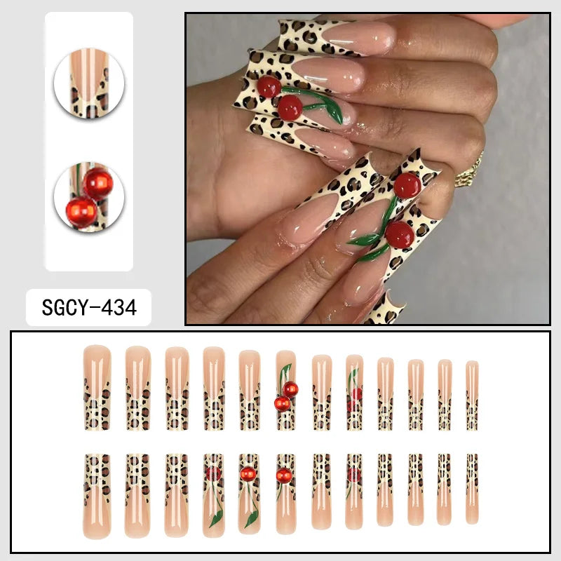 24 Pieces of Ultra Long Coffin Shaped press on nails French&gradient&flower Pattern 3D Butterfly Dot Diamond Glossy Fake Nails