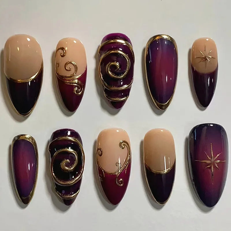 24pcs Sweet & Edgy Metallic Fake Nails 3D Silver-Plated Heart Gradient Press on Nail Almond Full Coverage Nail for Women&Girl
