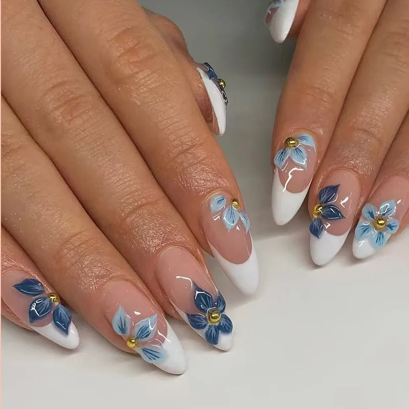 3D fake nails for women girls Gradient brown blue embossed flowers with rhinestones fall winter almond tips press on false nail