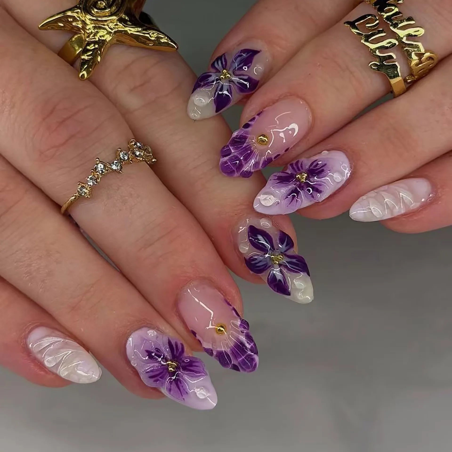 24PCS Pink Almond Press on Nails Full Cover Carved Flower 3D Ripples French Fake Nails for Women with Golden Pearl Wearable Nail