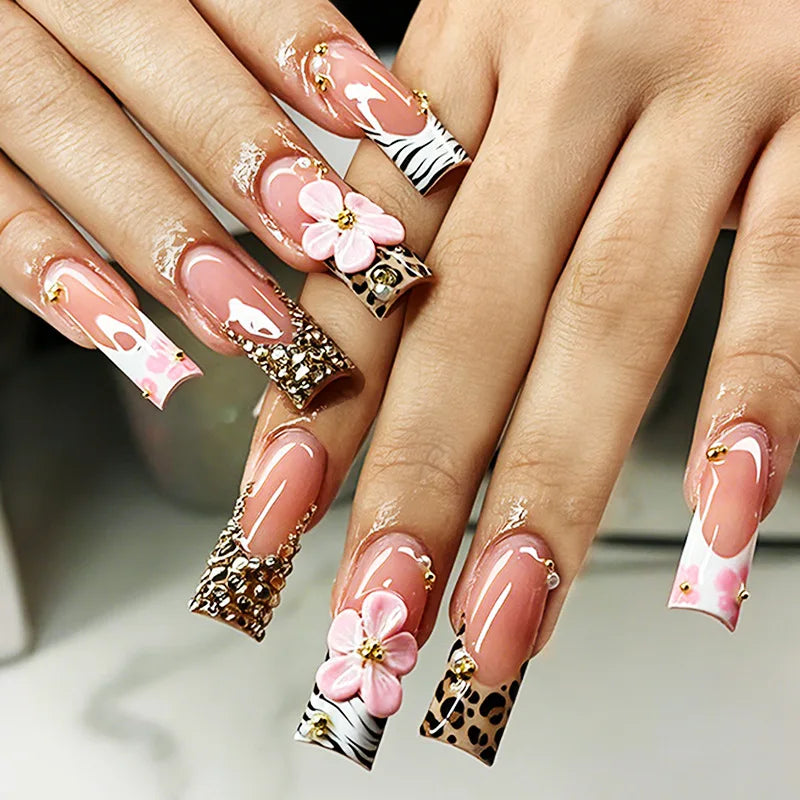 24Pcs Long Square Press on Nails Leopard Print French 3D Cherry Design False Nail Rhinestone Wearable Full Cover Fake Nails Tips
