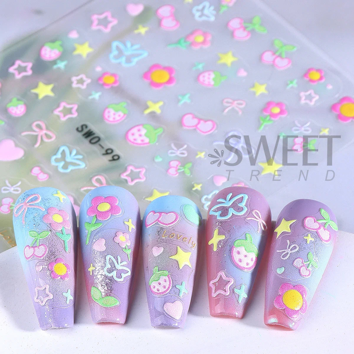2pcs Sweet Element Nail Art Stickers Simple Flower Heart Cherry Strawberry Kawaii Decals Colorful Bow Butterfly Manicure Sliders