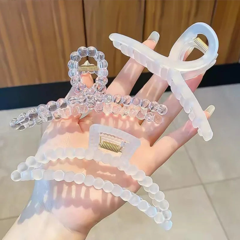 3Pcs 4.5-Inch Large Clear Beaded Hair Claw Clips, Transparent Crystal Hair Jaw Clips for Women Girls, Non-slip Strong Hold for T