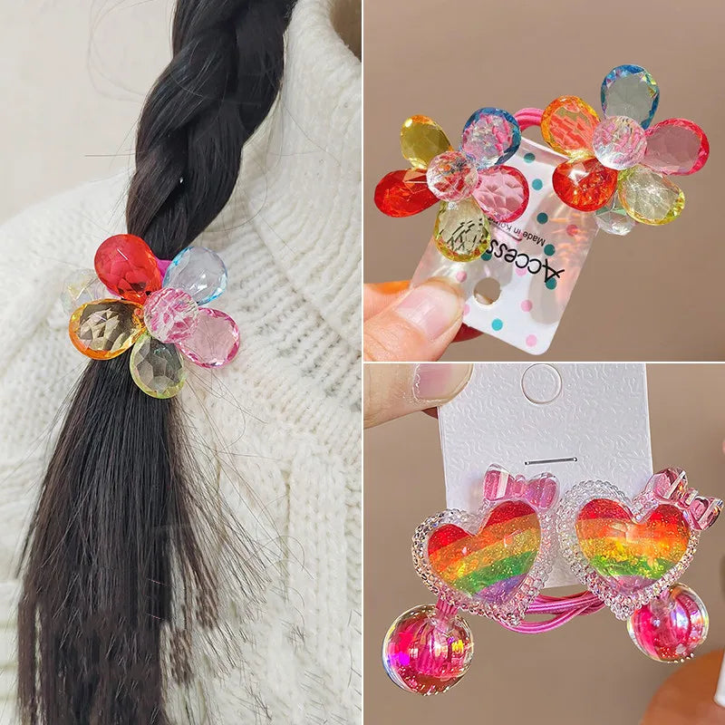 2 Pcs Cute Cartoon Scrunchies Girls Children Elastic Hair Rubber Band Accessories Tie Hair Bead Rope Headdress Headwear Ornament