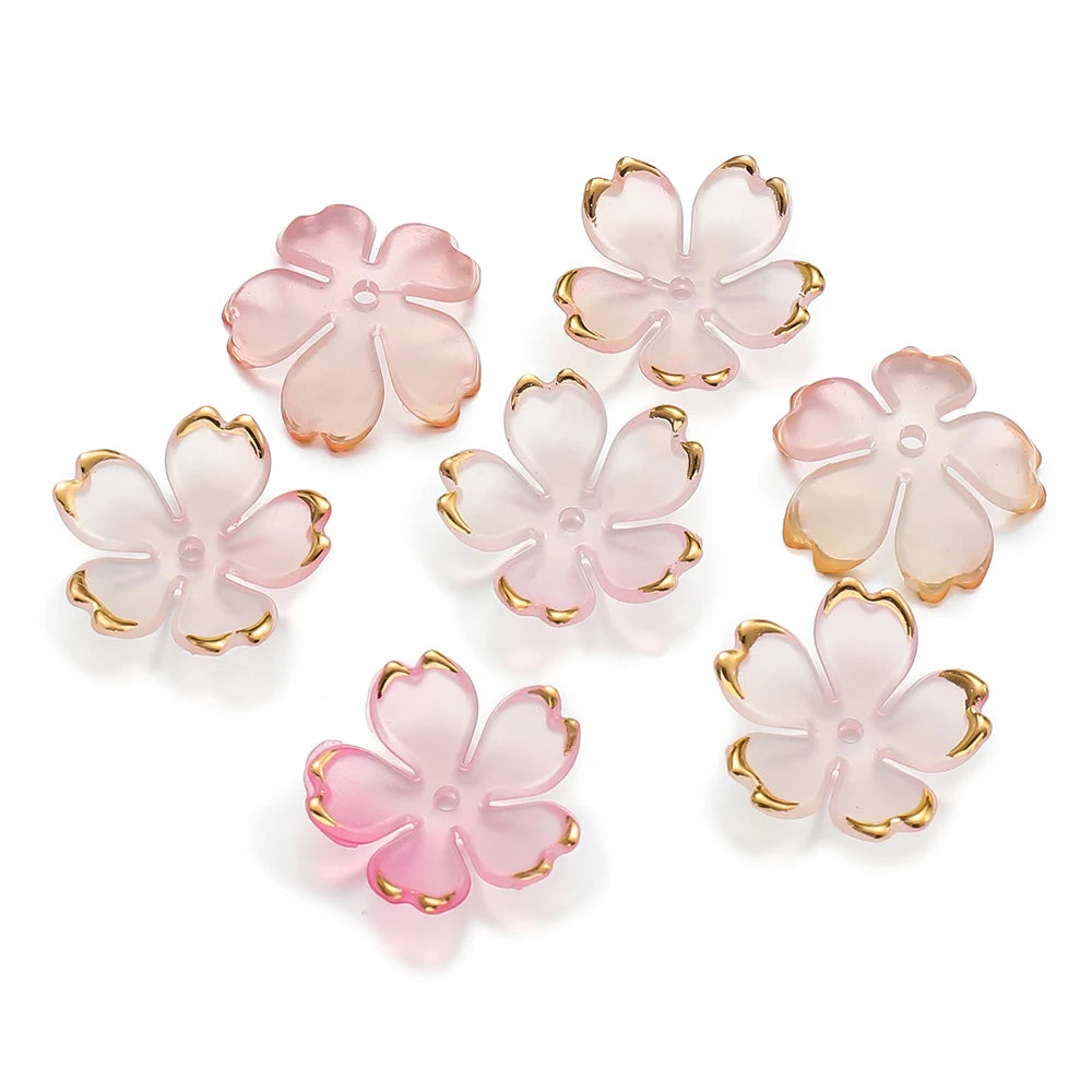 50pcs Cherry Blossoms Acrylic Beads Golden Brushed Patter Petals Charm Connector DIY Earrings Hair Jewelry Making Acessories