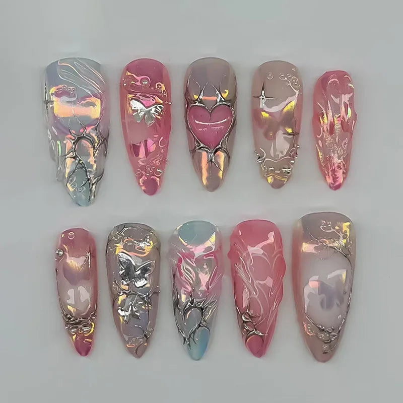 24pcs Sweet & Edgy Metallic Fake Nails 3D Silver-Plated Heart Gradient Press on Nail Almond Full Coverage Nail for Women&Girl