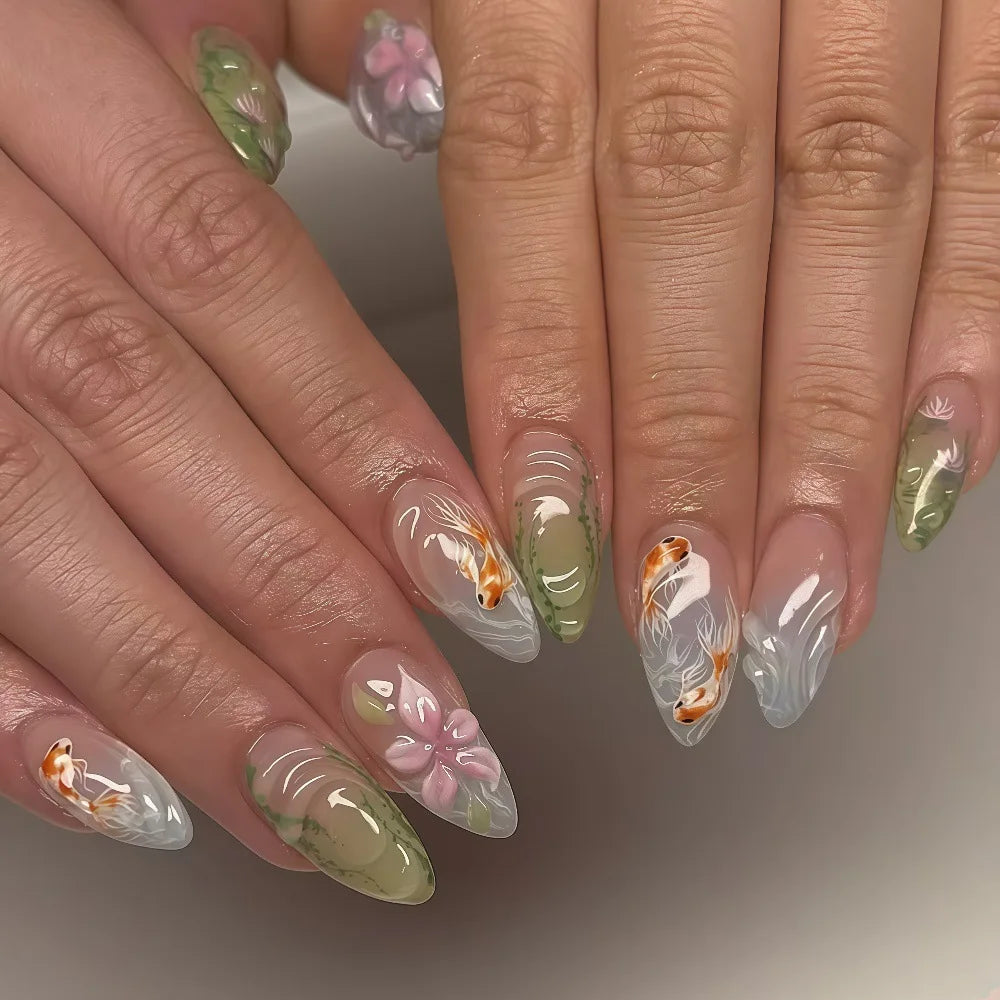 3D fake nails for women girls Gradient brown blue embossed flowers with rhinestones fall winter almond tips press on false nail