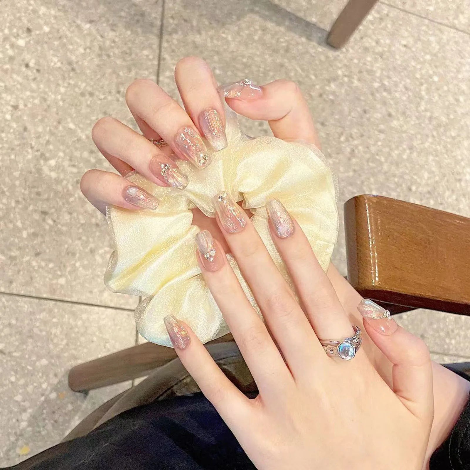 Handmade Press on Nails Blue Aurora Mermaid Fake Nail Patches Wearable Detachable French Pearl Almond False Nail Tips 10pcs