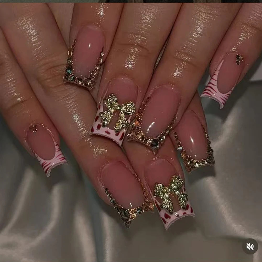 24pcs Long Ducknail Black French Tip Press On Nails 3D Alloy Cross, Snake-Shaped Decoration With Rhinestone Design Fit Perfectly