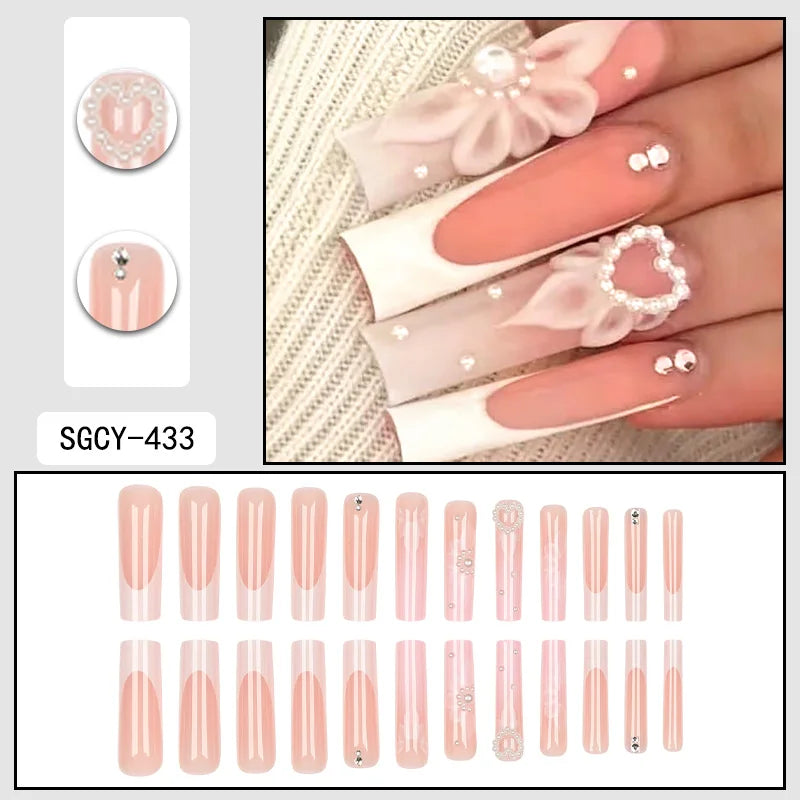 24 Pieces of Ultra Long Coffin Shaped press on nails French&gradient&flower Pattern 3D Butterfly Dot Diamond Glossy Fake Nails