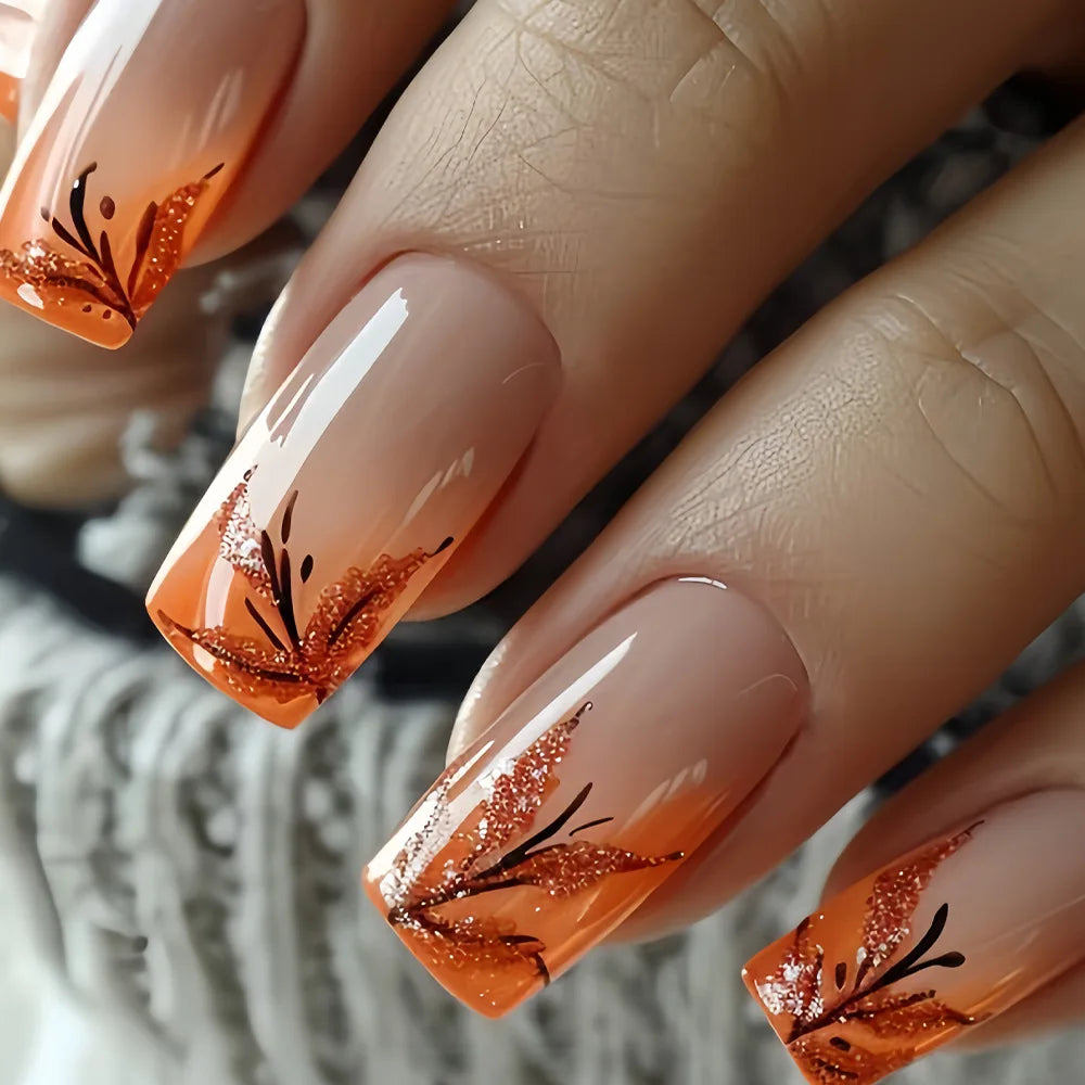 24Pcs Short Square Coffin False Nails Square Fake Nails with Glue French Glitter Wearable Acrylic Nails Set Press on Nail Tips