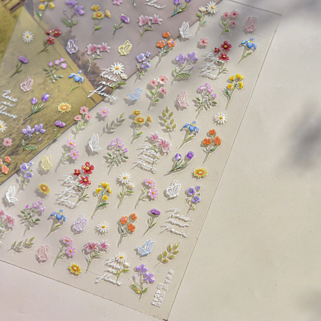 1Sheet 5D Soft Embossed Relief Nail Stickers Cute Daisies Self Adhesive Slider Stickers Press On Nails DIY Japanese Nail Art Dec