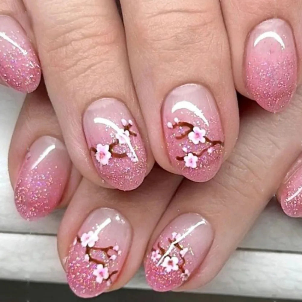 24Pcs Short Square Coffin False Nails Square Fake Nails with Glue French Glitter Wearable Acrylic Nails Set Press on Nail Tips