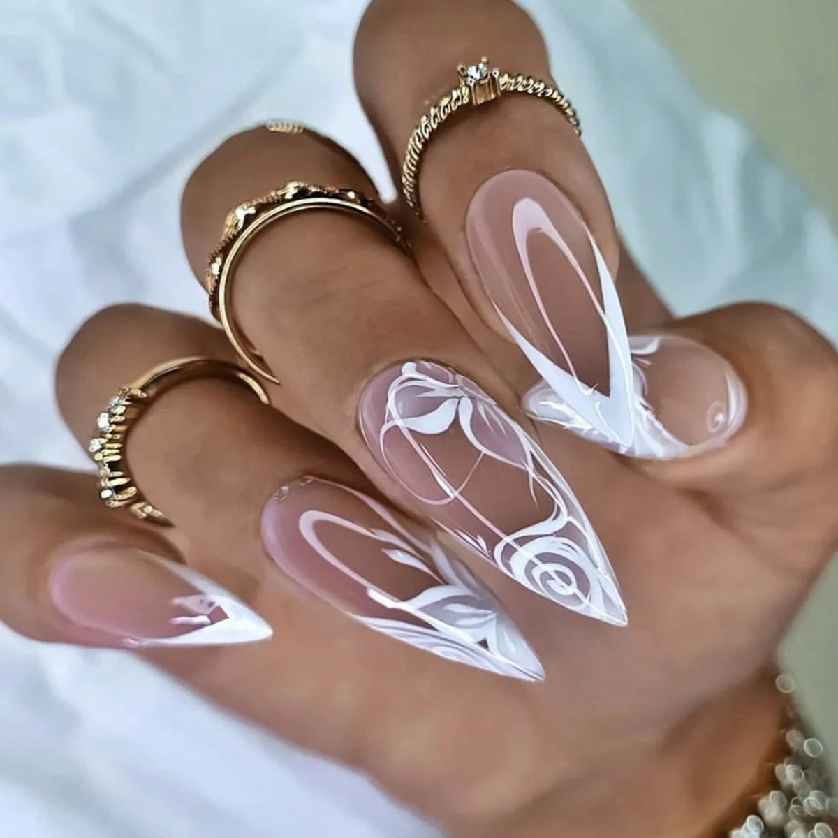 24pcs Long Almond Fake Nails White French Press on Nails Simple Full Cover Detachable Nail Tips