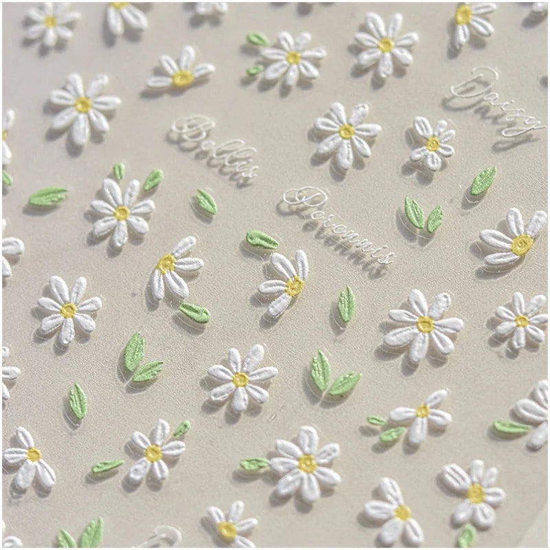 1Sheet 5D Soft Embossed Relief Nail Stickers Cute Daisies Self Adhesive Slider Stickers Press On Nails DIY Japanese Nail Art Dec