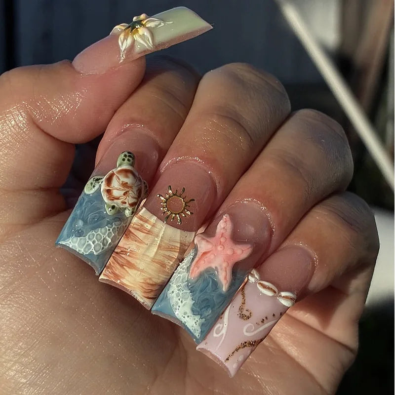 24Pcs Sweet Medium Square False Nails with Glue Blush Pink Flowers Fake Nails Full Cover French Acrylic Press on Nails for Girls