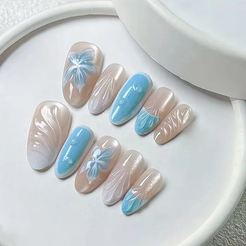 24PCS Pink Almond Press on Nails Full Cover Carved Flower 3D Ripples French Fake Nails for Women with Golden Pearl Wearable Nail