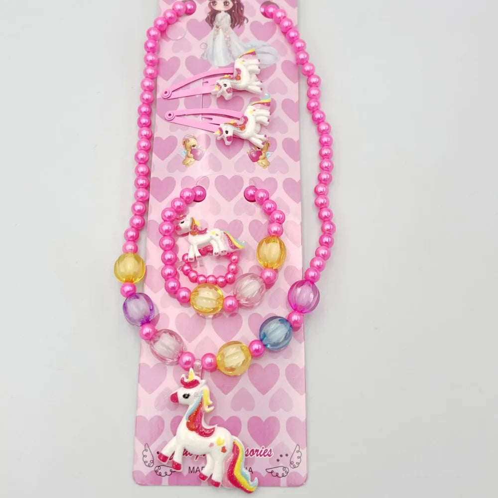 1 Set Handcrafted Unicorn Kids Beaded Jewelry set Cute Animal Necklace Bracelet Ring and Hair Clips Set for Little Princess Gift